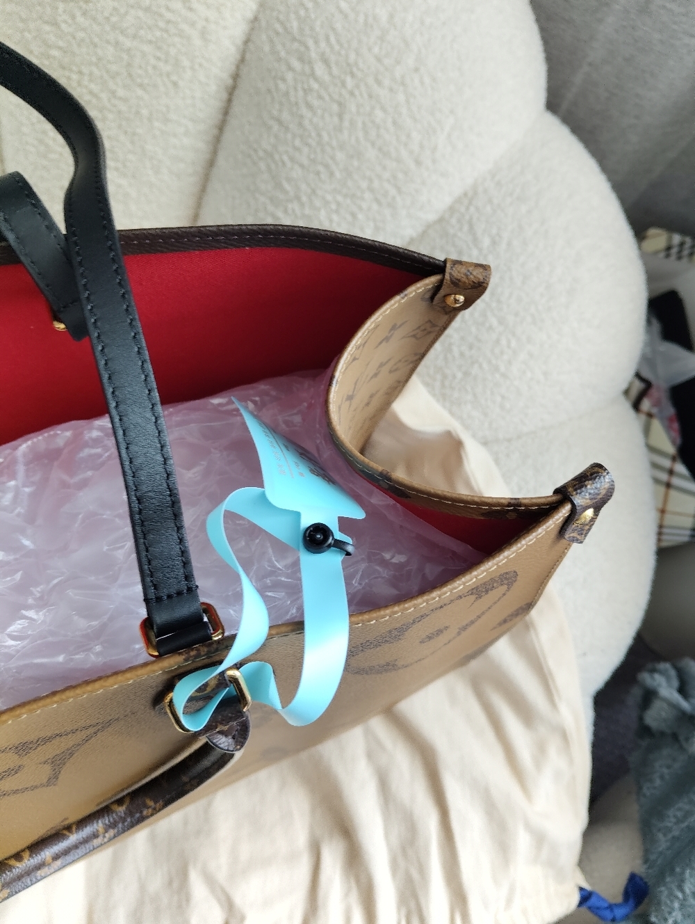Louis Vuitton Monogram Canvas Tote with Red Interior and Black Straps - Picture 9 of 11